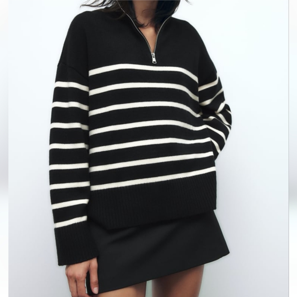 ZARA Zip Black/Whit Knit Striped Sweater Sz XL - Picture 2 of 6